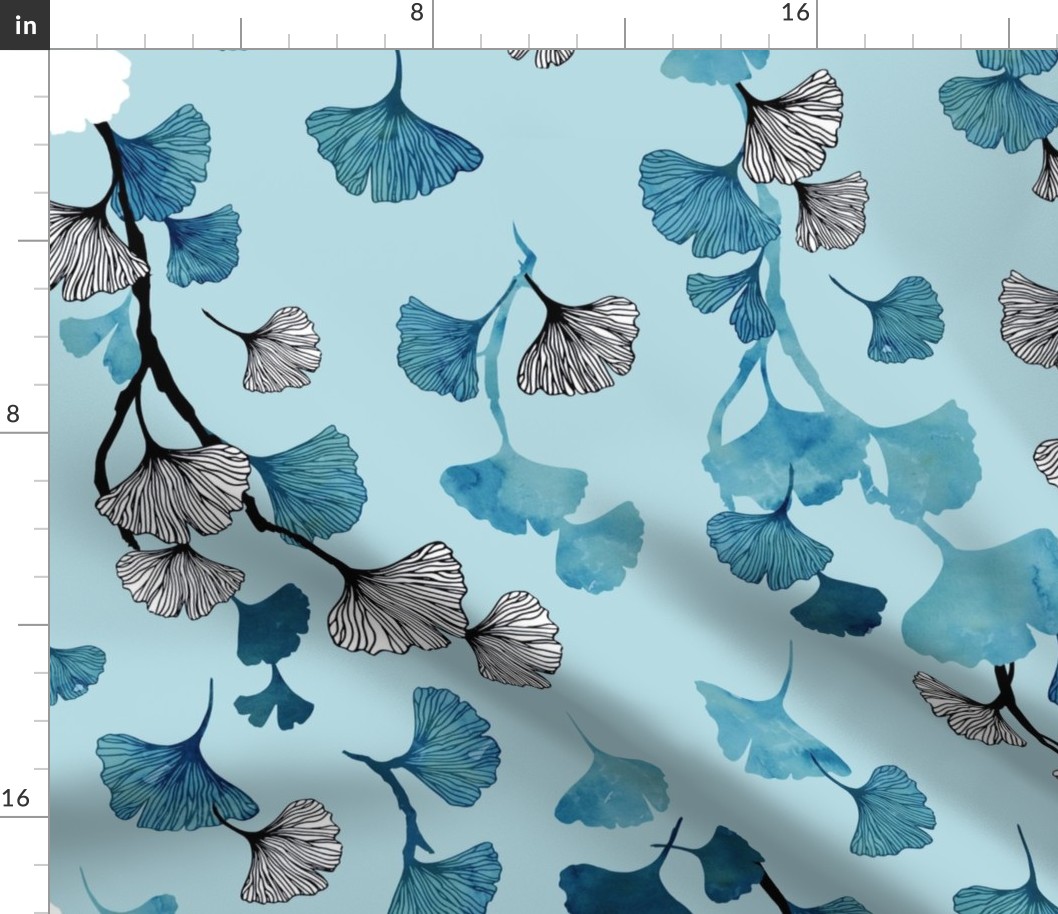 Ginkgo leaves on teal