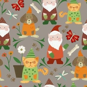 Cute Pets and Garden Gnomes Beige Grey