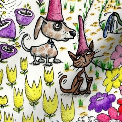 gnome family and friends, jumbo large scale, colorful rainbow red orange yellow green blue indigo violet pink brown white black mushroom hand drawn kids wallpaper