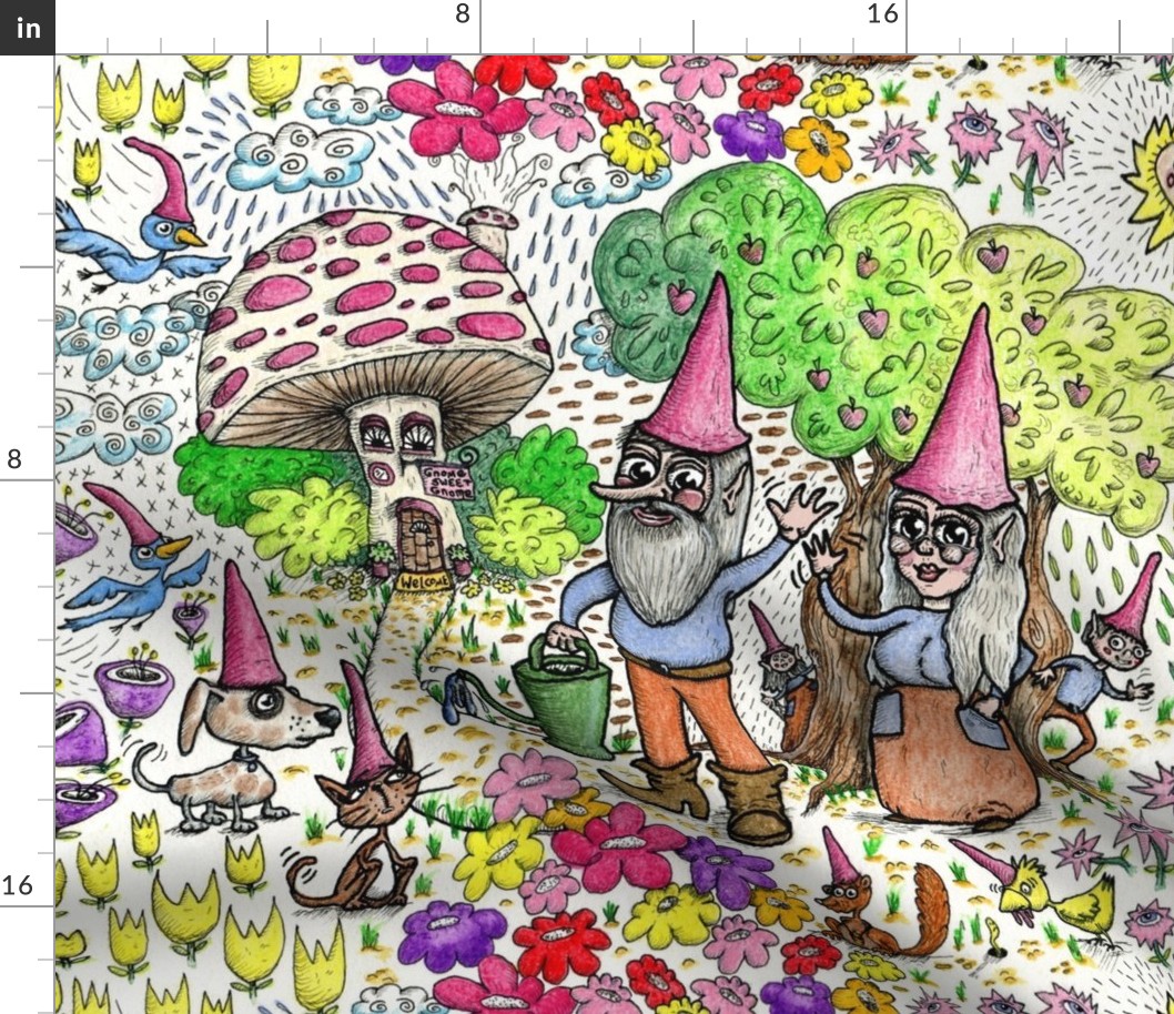gnome family and friends, jumbo large scale, colorful rainbow red orange yellow green blue indigo violet pink brown white black mushroom hand drawn kids wallpaper