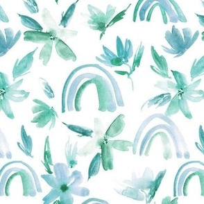 Emerald magic rainbows with florals - watercolor whimsical pattern for modern nursery a371-4