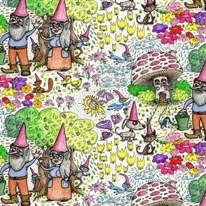 gnome family and friends, small scale, colorful rainbow red orange yellow green blue indigo violet pink brown white black mushroom hand drawn