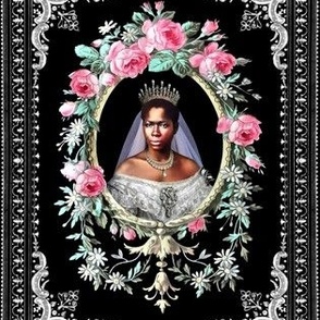 1 Victorian  black woman lady beautiful bride roses flowers daisy  african descent POC queen princess crown tiara wedding dress lace gown silver frame pink green bridal veil people of color garlands wreaths diamond brooches pearl necklaces WOC flowers flo