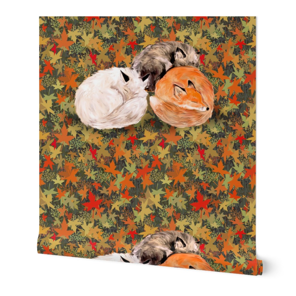 Three Foxes Nap on Autumn Leaves for Pillow