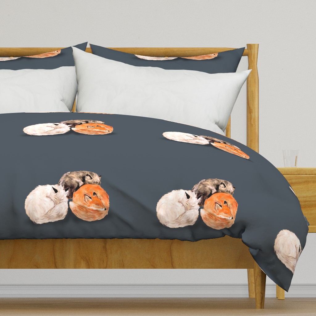 Three Foxes Nap on Blue Gray for Pillow