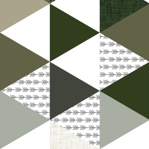 rotated 6" triangle wholecloth: charcoal arrows + seaweed, latte, sage, forest, olive