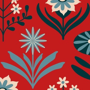 Tami Mid-Century Modern Retro Mod Floral in Blue Navy Indigo White on Red -JUMBO Scale - UnBlink Studio by Jackie Tahara