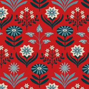 Tami Mid-Century Modern Retro Mod Floral in Blue Navy Indigo White on Red - LARGE Scale - UnBlink Studio by Jackie Tahara