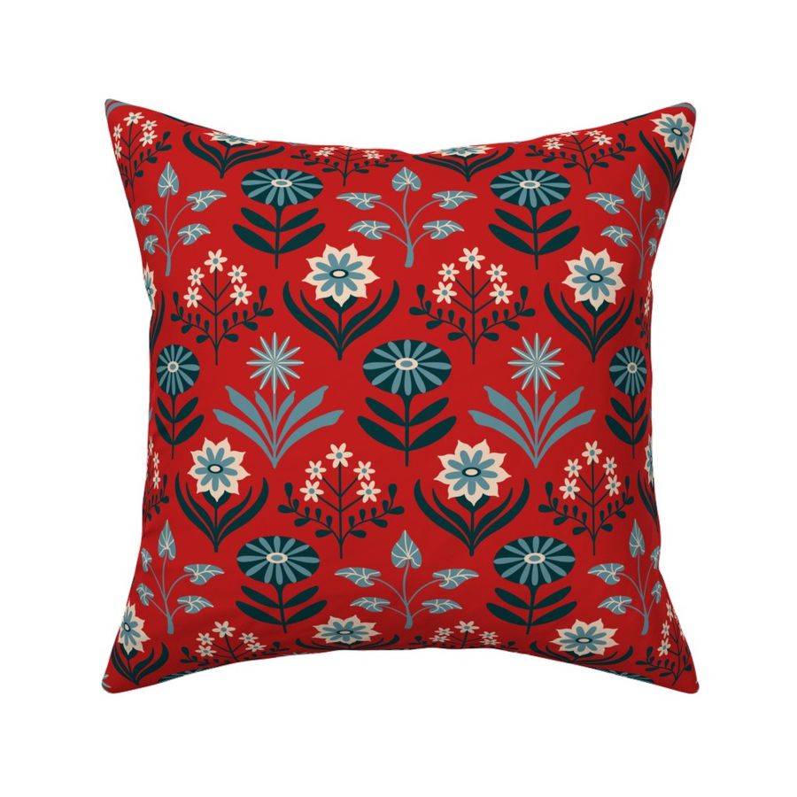 Tami Mid-Century Modern Retro Mod Floral in Blue Navy Indigo White on Red - SMALL Scale - UnBlink Studio by Jackie Tahara