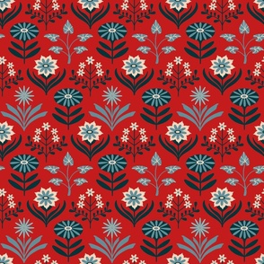 Tami Mid-Century Modern Retro Mod Floral in Blue Navy Indigo White on Red - SMALL Scale - UnBlink Studio by Jackie Tahara