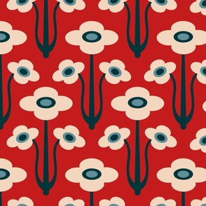 Yvette Mid-Century Modern Retro Mod Floral in Blue Navy Indigo White on Red - JUMBO Scale - UnBlink Studio by Jackie Tahara