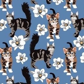 Magnolia Cats kittens small print with blue denim kitty white floral flowers cat fabric