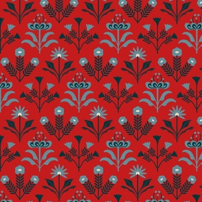 Lora Mid-Century Modern Retro Mod Floral in Blue Indigo Navy White on Red - SMALL Scale - UnBlink Studio by Jackie Tahara
