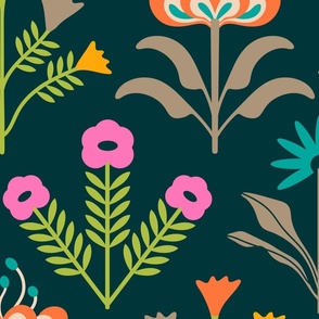 Lora Mid-Century Modern Retro Mod Floral in Bright Turquoise Green Yellow Orange Pink Cream on Teal - JUMBO Scale - UnBlink Studio by Jackie Tahara