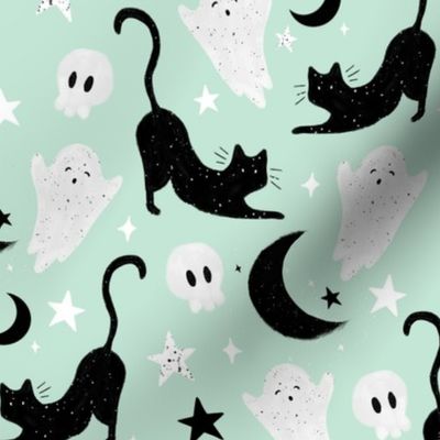 halloween cats and ghosts aqua