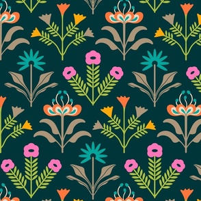 Lora Mid-Century Modern Retro Mod Floral in Bright Turquoise Green Yellow Orange Pink Cream on Teal - LARGE Scale - UnBlink Studio by Jackie Tahara