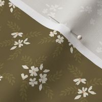 Dainty Fall Flower Sprigs on Olive Green