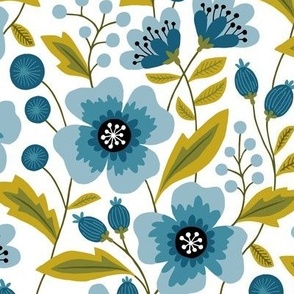 Colorful spring flowers blue gray on white