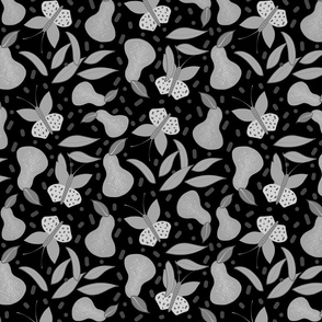Retro Fruity Garden (Abstract) - greyscale on black, medium 