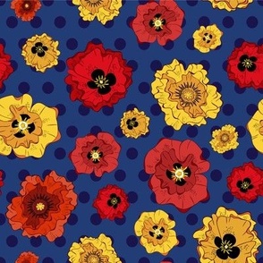 Poppies on blue polka dots
