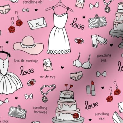 Love and marriage wedding theme with wedding dress make-up pearls and marriage illustrations bridal design mint blush pale peach on pink