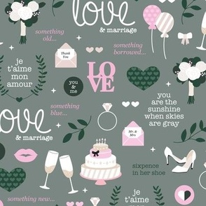 Wedding celebration love and marriage bridal design with diamond ring champagne glasses and typography traditional bridal design pink green on gray