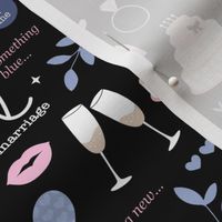 Wedding celebration love and marriage bridal design with diamond ring champagne glasses and typography traditional bridal design pink lilac lavender on black