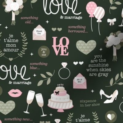 Wedding celebration love and marriage bridal design with diamond ring champagne glasses and typography traditional bridal design pink sage green on forest pine classic green 