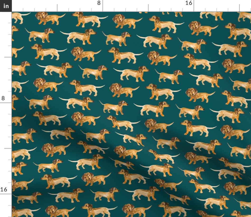 Little dachshund pixie dogs in rows sweet painted boho style watercolors dogs on teal