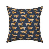 Little dachshund pixie dogs in rows sweet painted boho style watercolors dogs on navy blue night