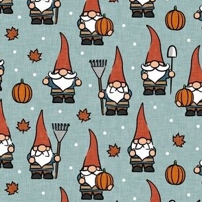fall gnomes - dusty blue - autumn leaves and pumpkins - LAD21