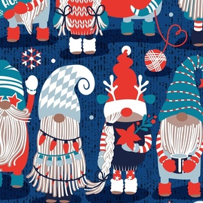 Large jumbo scale // Let it gnome // blue background little Santa's helpers preparing for Christmas neon red classic oxford and pastel blue dressed gnomes