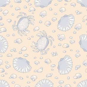 Crabs and seashells on a beige background
