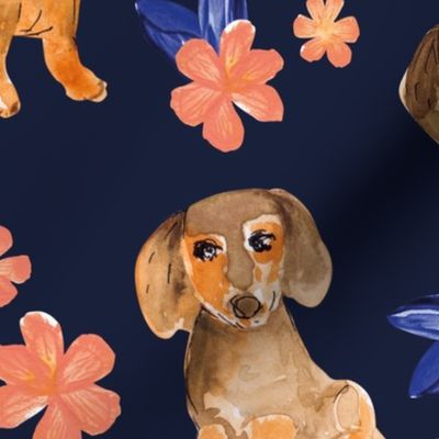 Little dachshunds puppy dogs summer flower garden watercolor illustration classic blue blush pink on navy JUMBO