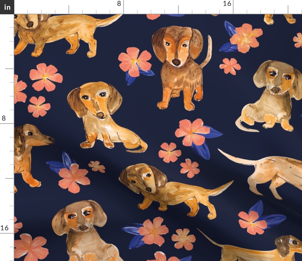 Little dachshunds puppy dogs summer flower garden watercolor illustration classic blue blush pink on navy JUMBO