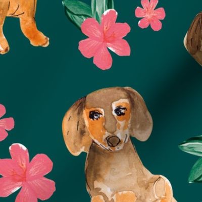 Little dachshunds puppy dogs summer flower garden watercolor illustration green pink JUMBO