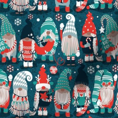 Small scale // Let it gnome // dark teal background little Santa's helpers preparing for Christmas neon red mint dark green and duck egg blue dressed gnomes