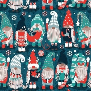 Small scale // Let it gnome // dark teal background little Santa's helpers preparing for Christmas neon red mint dark green and duck egg blue dressed gnomes