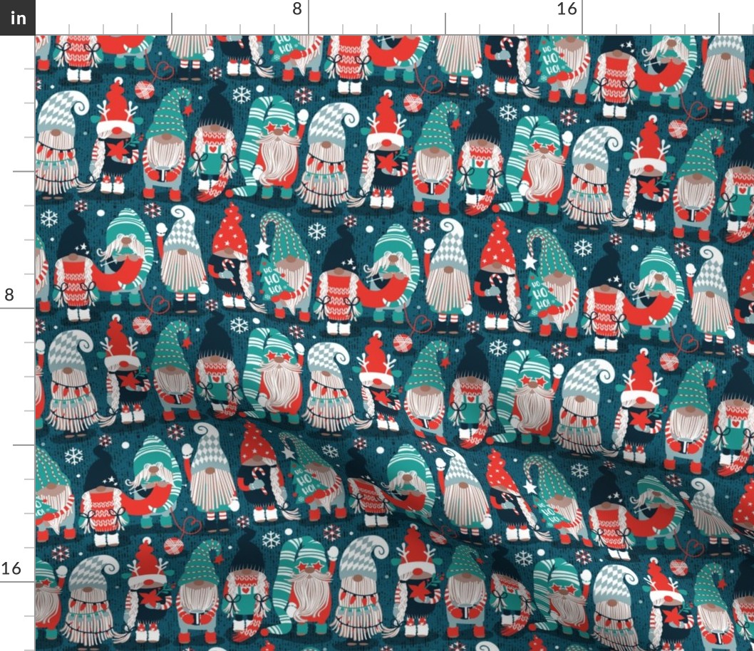 Small scale // Let it gnome // dark teal background little Santa's helpers preparing for Christmas neon red mint dark green and duck egg blue dressed gnomes