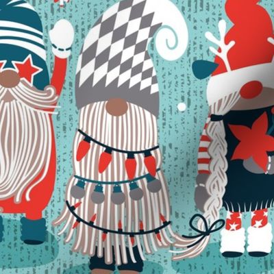 Normal scale // Let it gnome // mint background little Santa's helpers preparing for Christmas neon red dark teal dark green and grey dressed gnomes