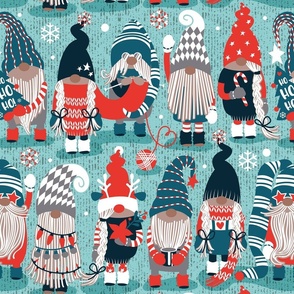 Normal scale // Let it gnome // mint background little Santa's helpers preparing for Christmas neon red dark teal dark green and grey dressed gnomes