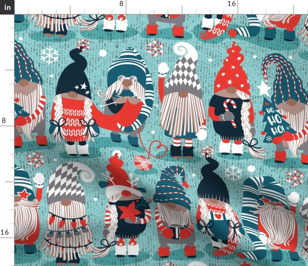 Normal scale // Let it gnome // mint background little Santa's helpers preparing for Christmas neon red dark teal dark green and grey dressed gnomes