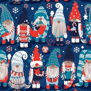 Normal scale // Let it gnome // blue background little Santa's helpers preparing for Christmas neon red classic oxford and pastel blue dressed gnomes