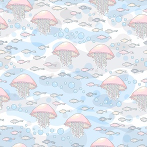 Pink jellyfish and a school of fish under water