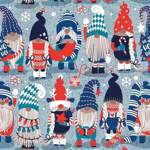 Normal scale // Let it gnome // pastel blue background little Santa's helpers preparing for Christmas neon red classic oxford and pastel blue dressed gnomes