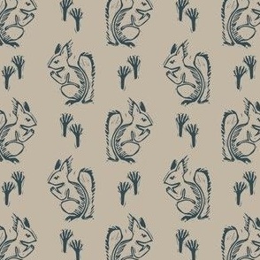 Handmade carved squirrel block print seamless pattern. 