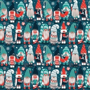 Tiny scale // Let it gnome // dark teal background little Santa's helpers preparing for Christmas neon red mint dark green and duck egg blue dressed gnomes