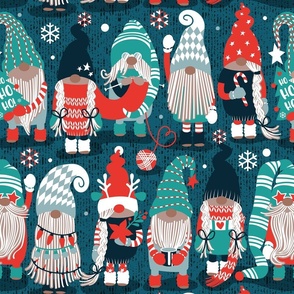 Normal scale // Let it gnome // dark teal background little Santa's helpers preparing for Christmas neon red mint dark green and duck egg blue dressed gnomes