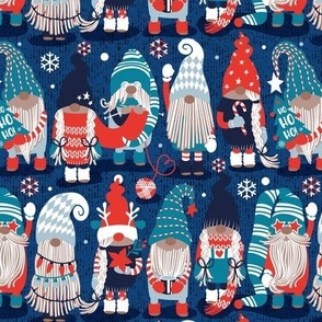 Small scale // Let it gnome // blue background little Santa's helpers preparing for Christmas neon red classic oxford and pastel blue dressed gnomes