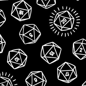 Tossed d20 in White Outlines on Black (Large Scale)